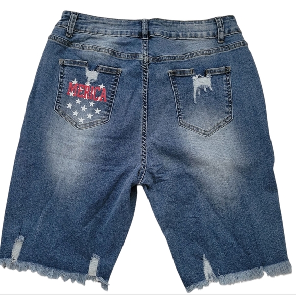 Light Blue Distressed Denim Bermuda Shorts Patriotic - Picture 6 of 10